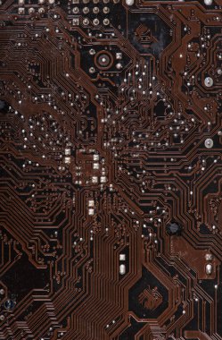 Modern baskılı kahverengi devre kartı, elektronik devre kartı, Textolite. Arkaplan pankartı.