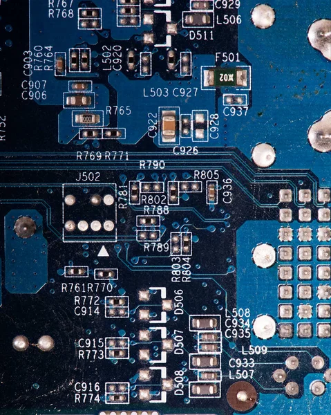 计算机电路板的结构 蓝色主板背景 — 图库照片