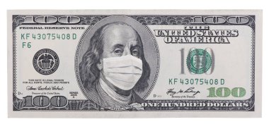 Benjamin Franklin 'in yüz maskesi taktığı 100 dolarlık kağıt para birimini kapatın. COVID-19 salgını, büyük finans veya ekonomik kriz.