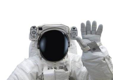 Uzay elbisesi içindeki astronot selamlaşmak için elini kaldırsın. Beyaz arka planda izole edilmiş. Bu görüntünün elementleri NASA tarafından desteklenmektedir