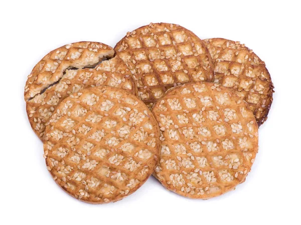 Knusprige Kekse Mit Waffelstruktur Und Sesam Isoliert Über Weißem Hintergrund — Stockfoto