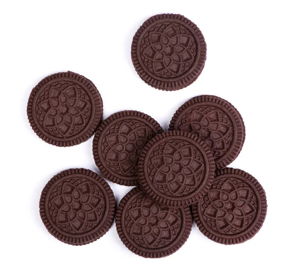 Много Двойного Шоколадного Печенья Начинкой Крем Изолирован Белом Фоне — стоковое фото