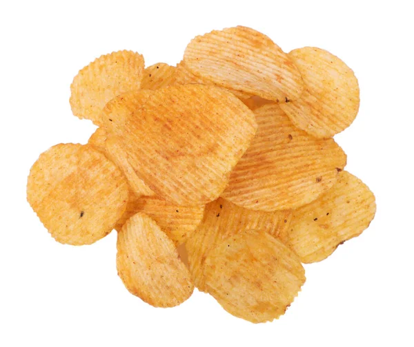 Haufen Kartoffelchips Geriffelt Isoliert Auf Weißem Hintergrund Gewellte Chips Großaufnahme — Stockfoto
