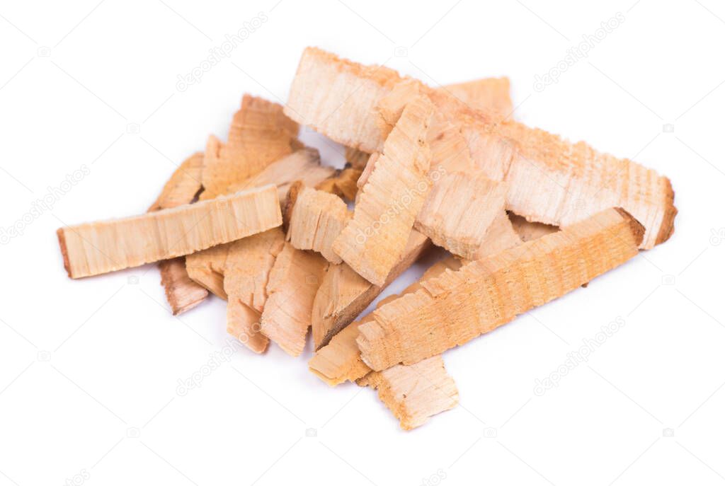 Pile of wood chips isolated on white background