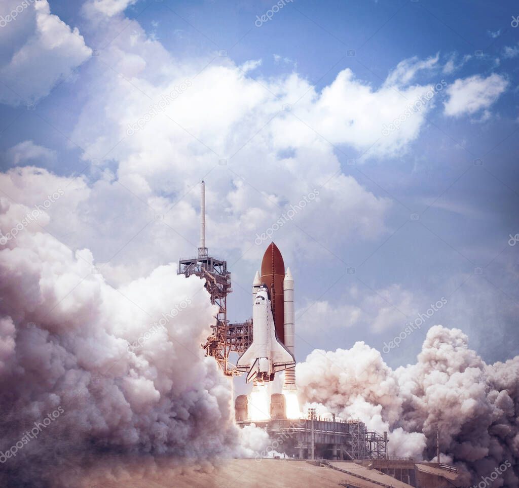 Space shuttle launches from spaceport. Elements of this image furnished by NASA