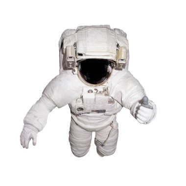 Uzay giysisi içindeki astronot beyaz arka planda izole edilmiş bir jest gösteriyor. Bu görüntünün elementleri NASA tarafından desteklenmektedir