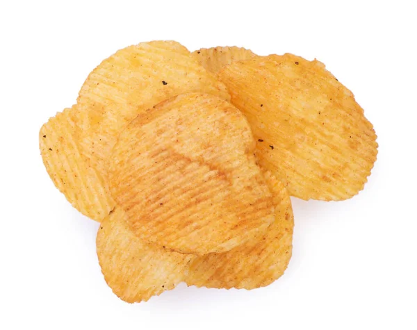 Haufen Kartoffelchips Geriffelt Isoliert Auf Weißem Hintergrund Gewellte Chips Großaufnahme — Stockfoto