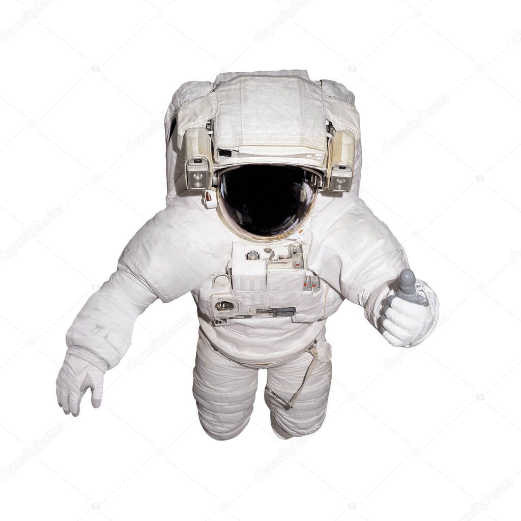 Astronaut in space suit shows LIKE gesture isolated on white background. Elements of this image furnished by NASA