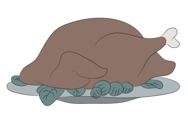 Kavrulmuş hindi veya baharat ve sebzeler, domates, marul, zeytin, arka plan üzerinde izole ile ızgara tavuk vektör Illustration. Noel veya Şükran günü için geleneksel gıda