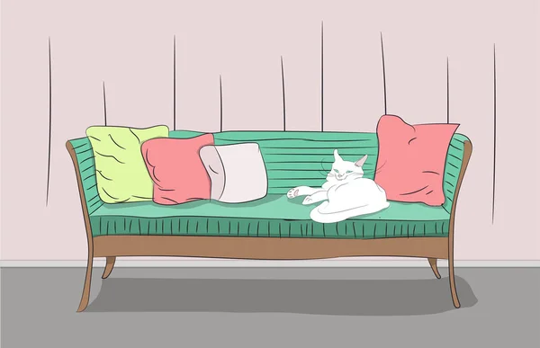 Векторная иллюстрация кошки, которая спит в комнате — стоковый вектор