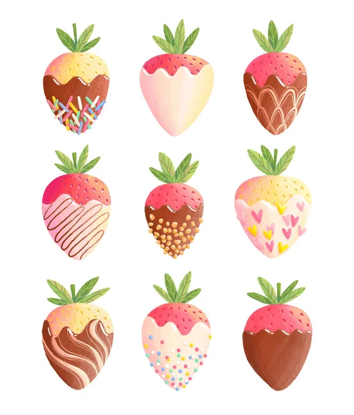 Strawberries Chocolate Illustration Summer Set Isolated White — Stock Photo, Image