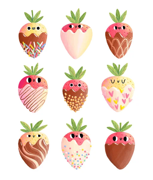 Strawberries in chocolate cartoon characters, illustration summer set, isolated on white