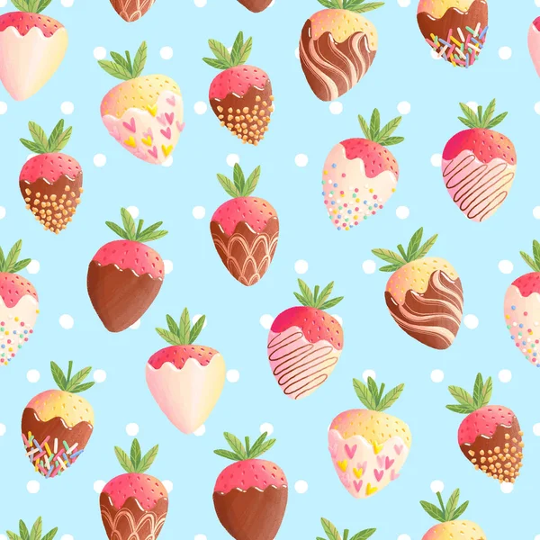 Strawberry Chocolate Seamless Pattern Blue Background — Stock Photo, Image