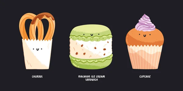 Churros Macaron Ice Cream Sandwich Och Cupcake Isolerade Vektor Illustrationer — Stock vektor