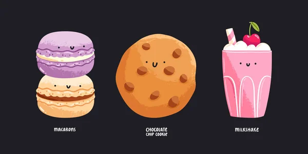 Macarons Chocolate Chip Cookie Och Milkshake Isolerade Vektor Illustrationer — Stock vektor