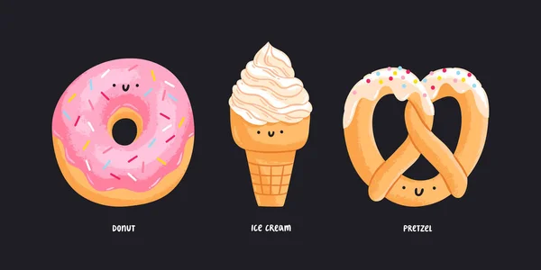 Donut Crème Glacée Bretzel Illustrations Vectorielles Isolées — Image vectorielle