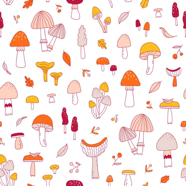 Doodle Mushrooms Seamless Pattern — Stock Vector