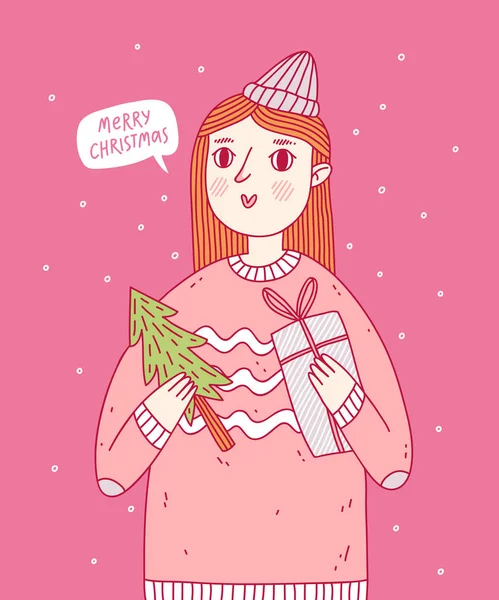 Kívánság Egy Vidám Karácsony Lány Vektoros Illusztráció — Stock Vector