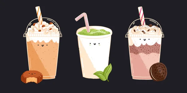 Thé Matcha Personnages Café Chocolat Caramel Illustrations Vectorielles Isolées — Image vectorielle