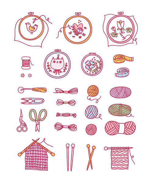 Knitting and stitching craft, vector illustration set