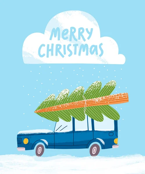 Frohe Weihnachten Grußkarte Mit Auto Vektorillustration — Stockvektor