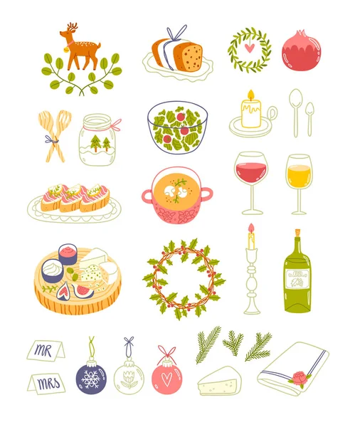 Winter Dinner Party Vektor Illustrationen Isoliert Auf Weiß — Stockvektor