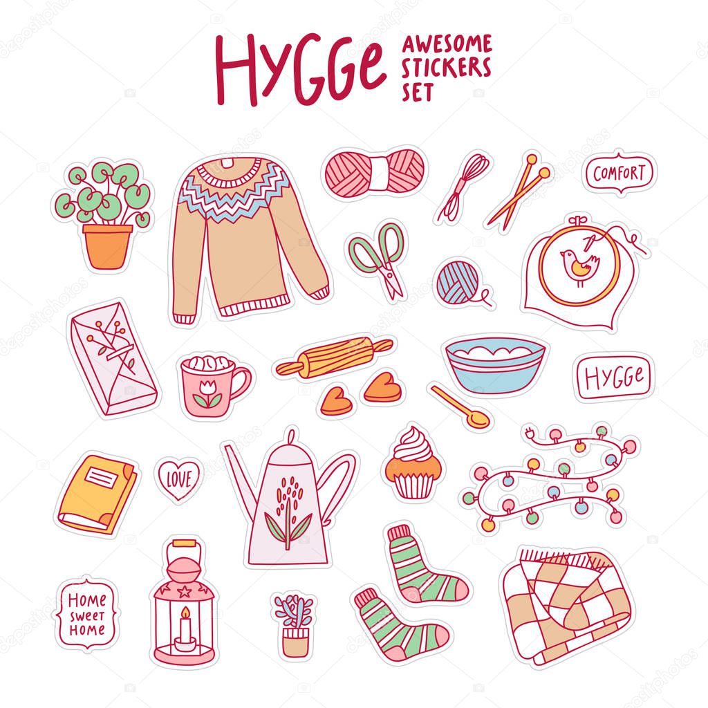 Hygge awesome stickers set, vector illustration