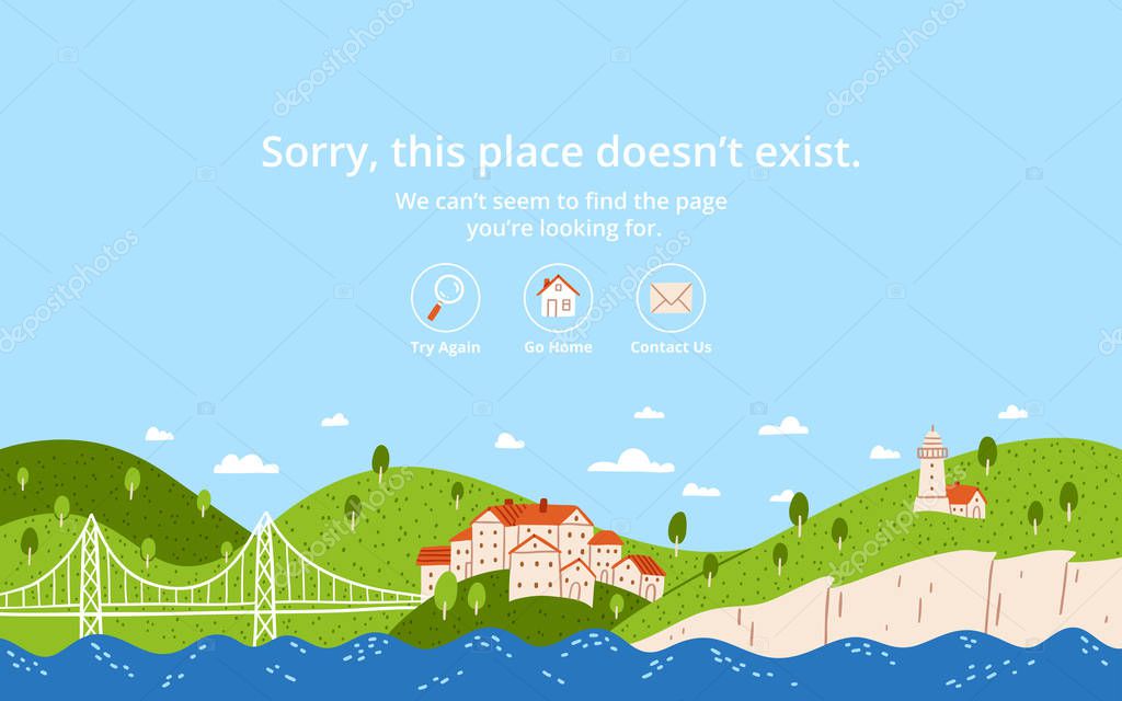 Error page template, landscape with city and bridge, this page does not exist vector illustration