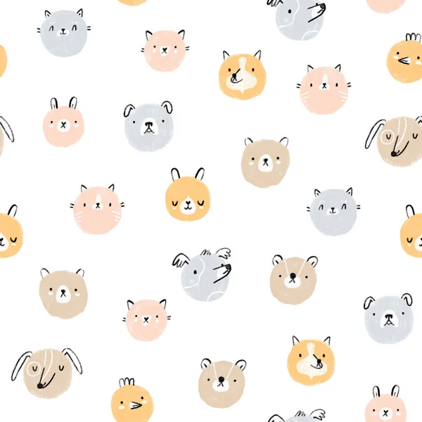 Cute hand drawn animal faces seamless pattern
