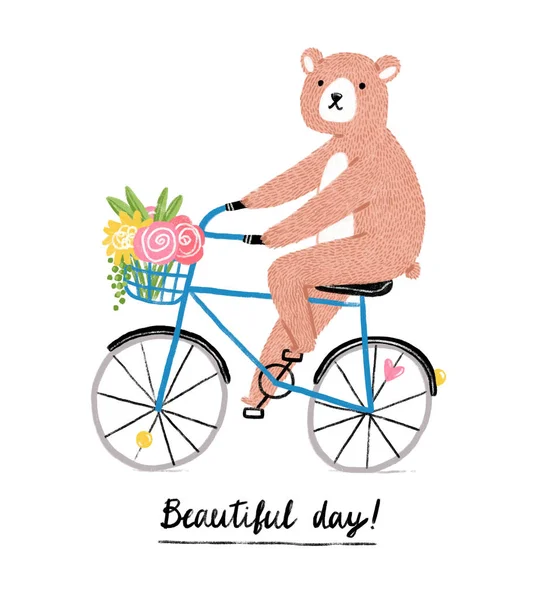 美丽的一天 熊骑自行车 插图卡 — 图库照片