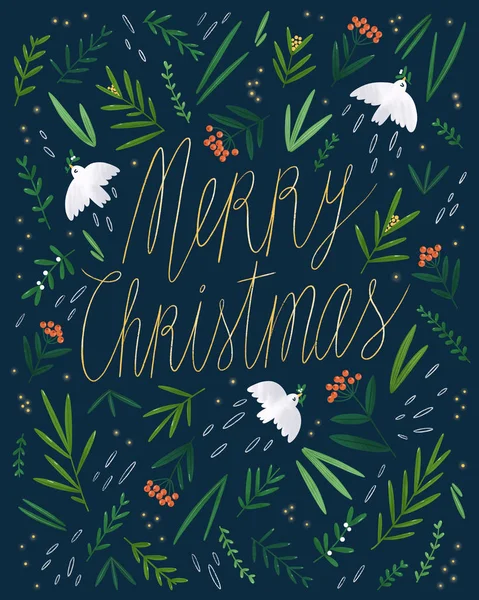 Schöne Weihnachtskarte Mit Vögeln Und Goldenem Schriftzug — Stockfoto