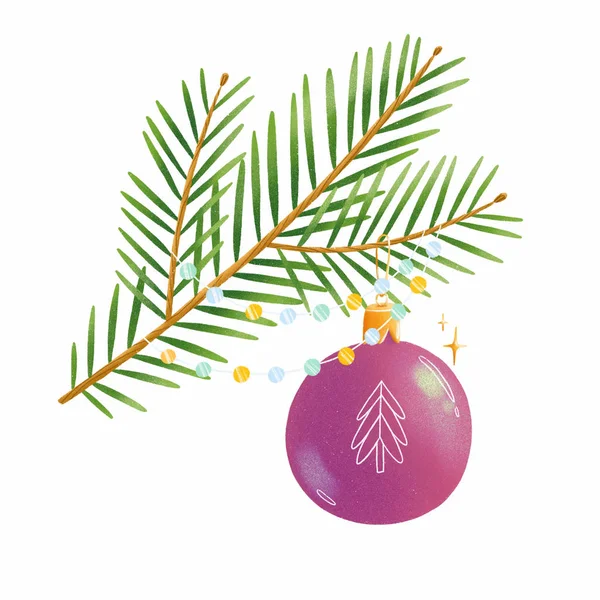 Sprig Albero Natale Con Giocattolo Isolato Illustrazione — Foto Stock