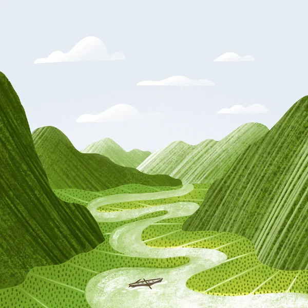绿色的山 稻田和河流景观 — 图库照片