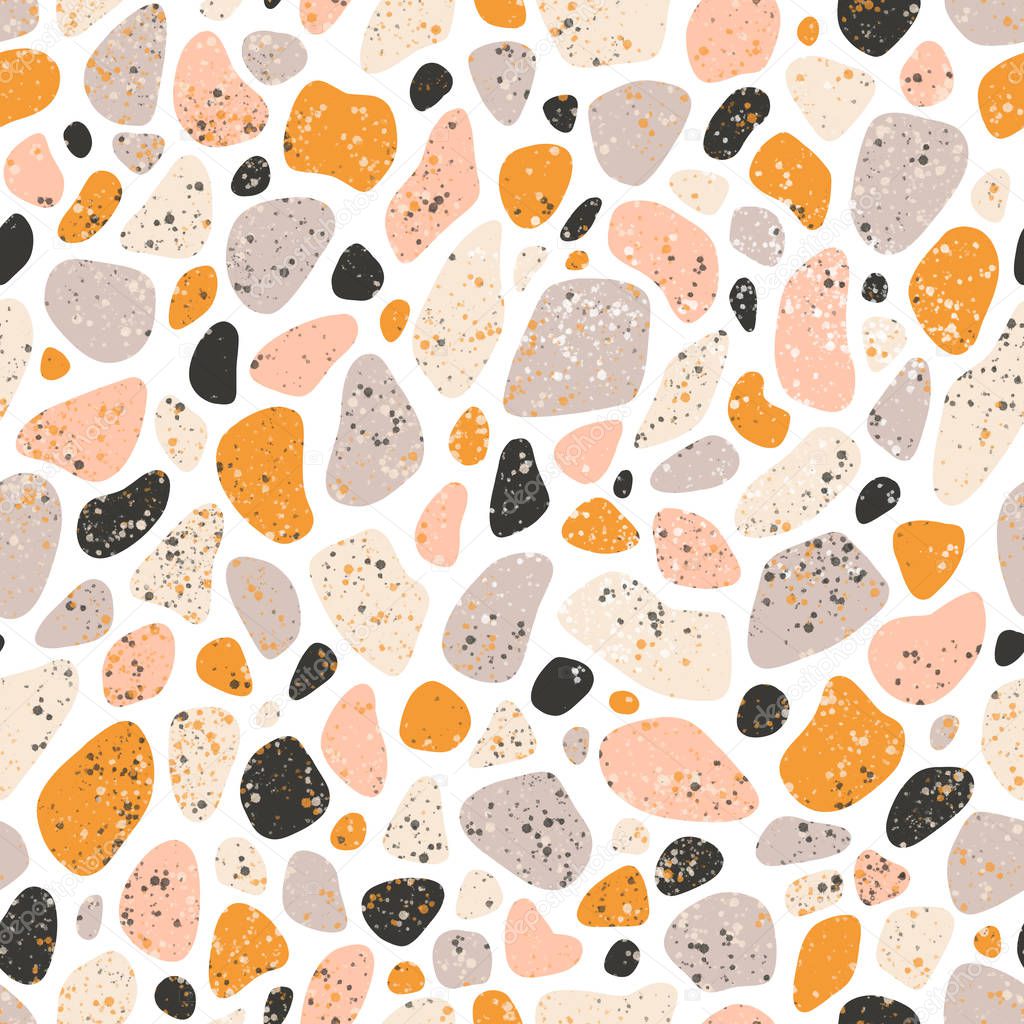 Terrazzo grey, orange and pink pebbles seamless pattern