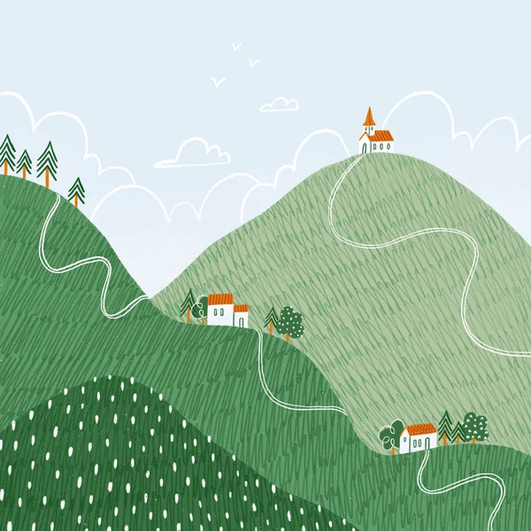 Tiny houses on hills, illustrated landscape