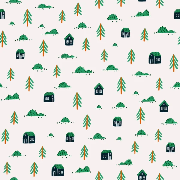 Scandinavian houses with grass roof, seamless pattern