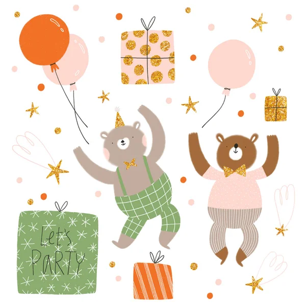 곰 고립 된 삽화와 함께 생일 설정 — 스톡 사진