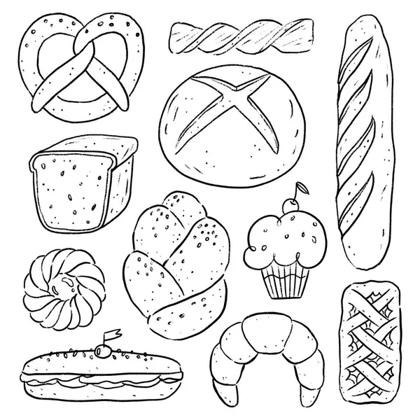 Wyroby cukiernicze i piekarnicze zarys zestaw ilustracji wektorowych na białym tle — Wektor stockowy