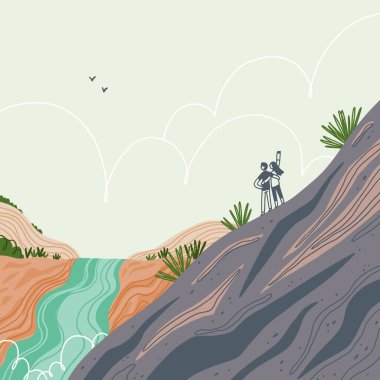 Two people hiking mountain, exploring fantastic landscapes, travel vector illustration clipart
