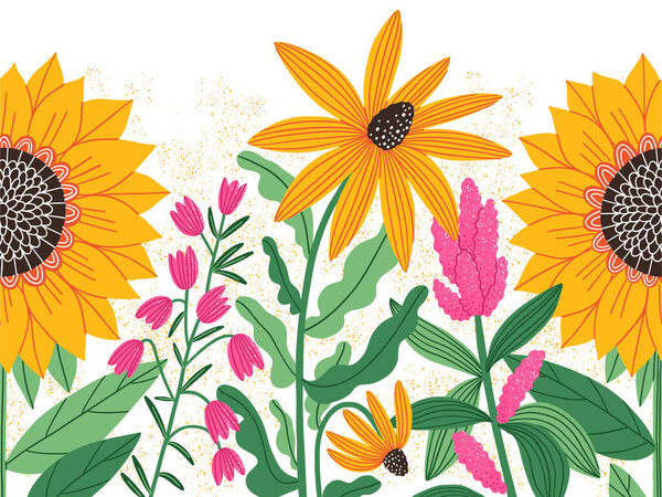 Bright summer flowers, vector seamless decorative background