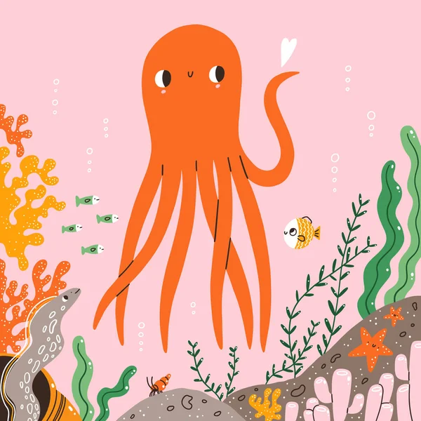 Marine Leven Schattige Octopus Vissen Koralen Cartoon Vector Illustratie — Stockvector