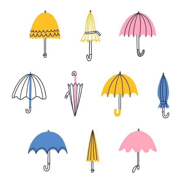 Roztomilý Karikatura Deštníky Vektor Set — Stockový vektor