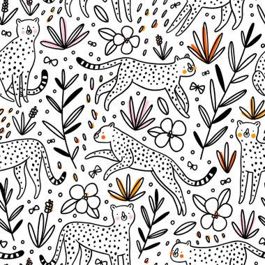 Kelebek avlayan sevimli çitalar, küçük renkli benekleri olan hatları olmayan vektörsüz desenler.