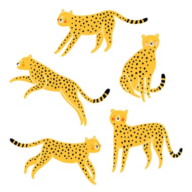 Five cute cheetahs, yellow with red cheeks, cartoon vector set vector