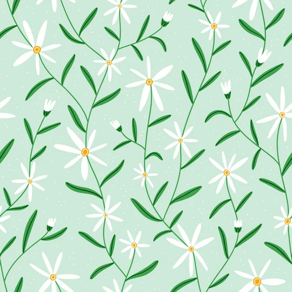 Jolies Petites Fleurs Blanches Marguerite Sur Fond Menthe Motif Vectoriel — Image vectorielle