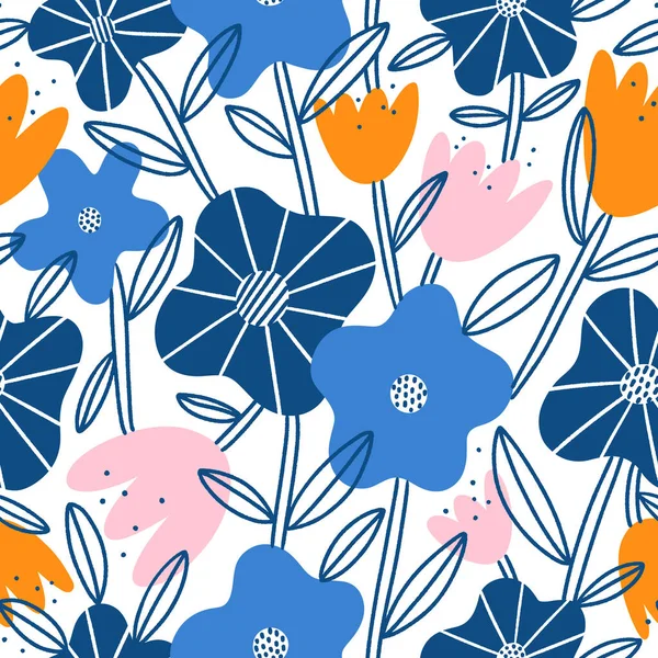 Soyut Çiçek Bahçesi Mavi Pembe Turuncu Çiçekler Vektörsüz Desen — Stok Vektör