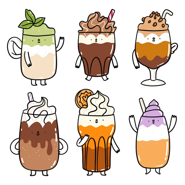 Diferentes Tipos Bebidas Café Personagens Desenhos Animados Bonitos Conjunto Vetorial — Vetor de Stock