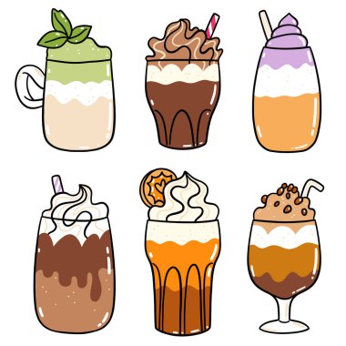 Farklı kahve türleri, karikatür vektör seti, beyaz üzerine izole edilmiş.