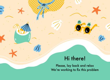 Plajda tatil yapan bir web sitesi hatası, yaz temalı karikatür arka planı