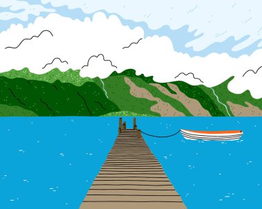 Beautiful lake landscape with wooden bridge, boat and green hill fjords, beautiful view vector illustration clipart